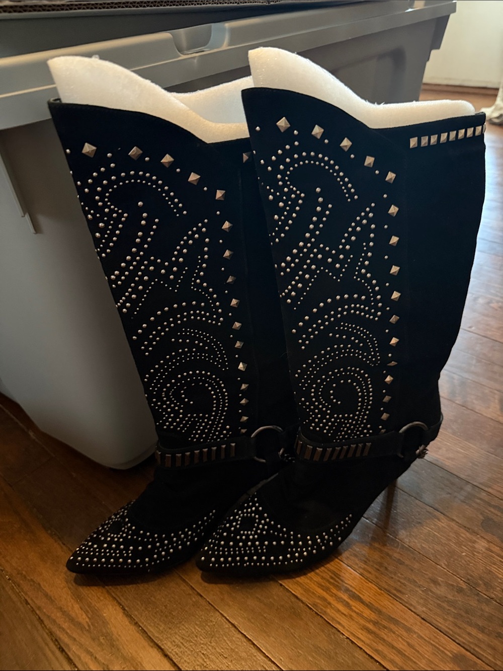ASHRO Women’s 12M Black Studded Western Cowboy Tall Boots Pointed Toe